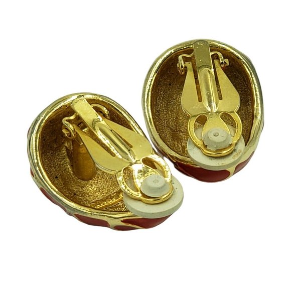 M Jent Clip On Earrings Red Gold Enamel Signed Vintage1980’s - Picture 3 of 12